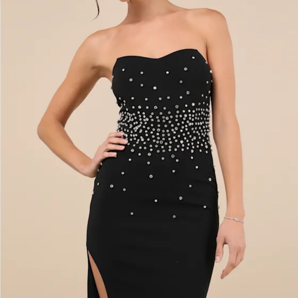 New Lulus Black Rhinestone Strapless Bustier Maxi Glam Dress XS - Picture 5 of 6